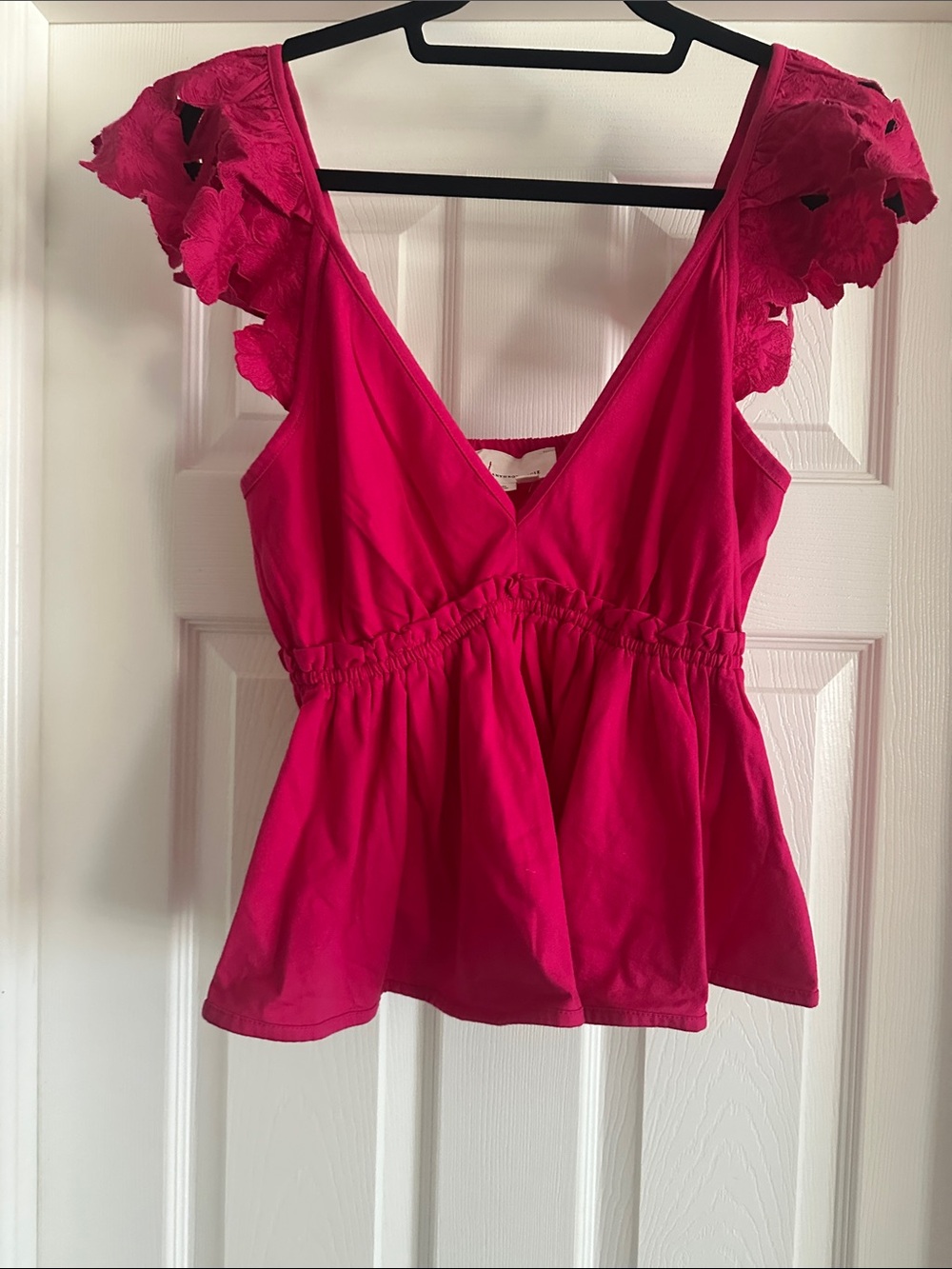 Anthropologie Bright Pink Ruffled Sleeve V-Neck top
